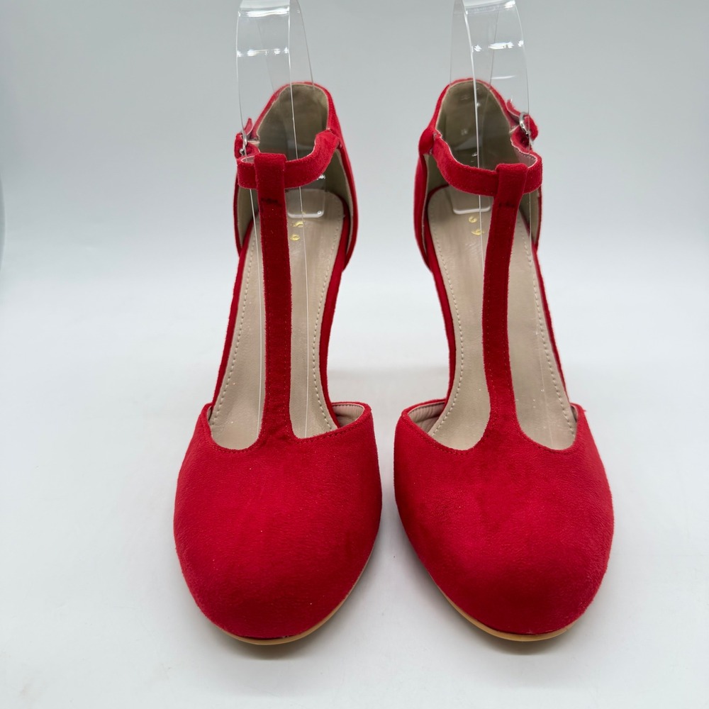 Red Faux Suede T-Strap Pumps Womens Size 9 Round Toe Stiletto Heels Ankle Strap - Picture 4 of 8